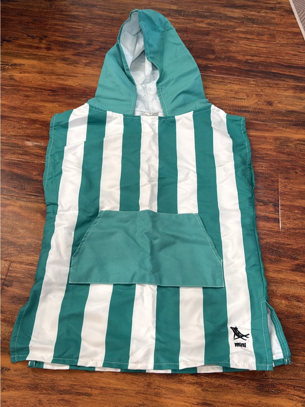 Striped Green & White Hooded Kids Poncho